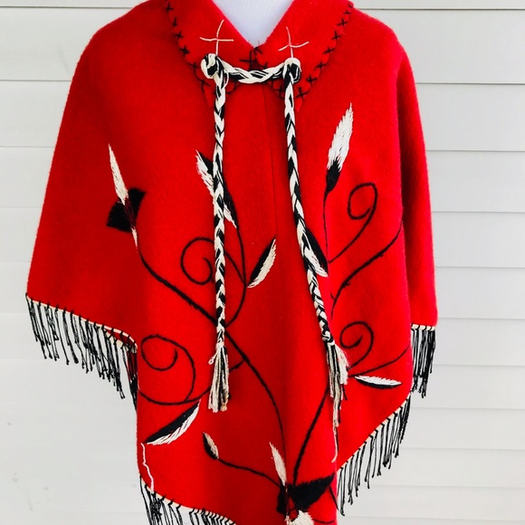 Vintage Red Wool Embroidered Poncho Cape - Picture 6 of 8